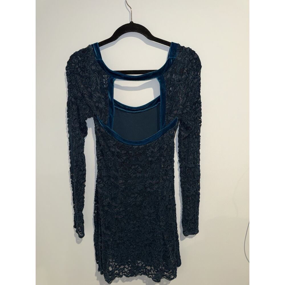 Free People Blue Lace Velvet Trim Fit & Flare Mini Dress Long Sleeve Open Back - Picture 5 of 10